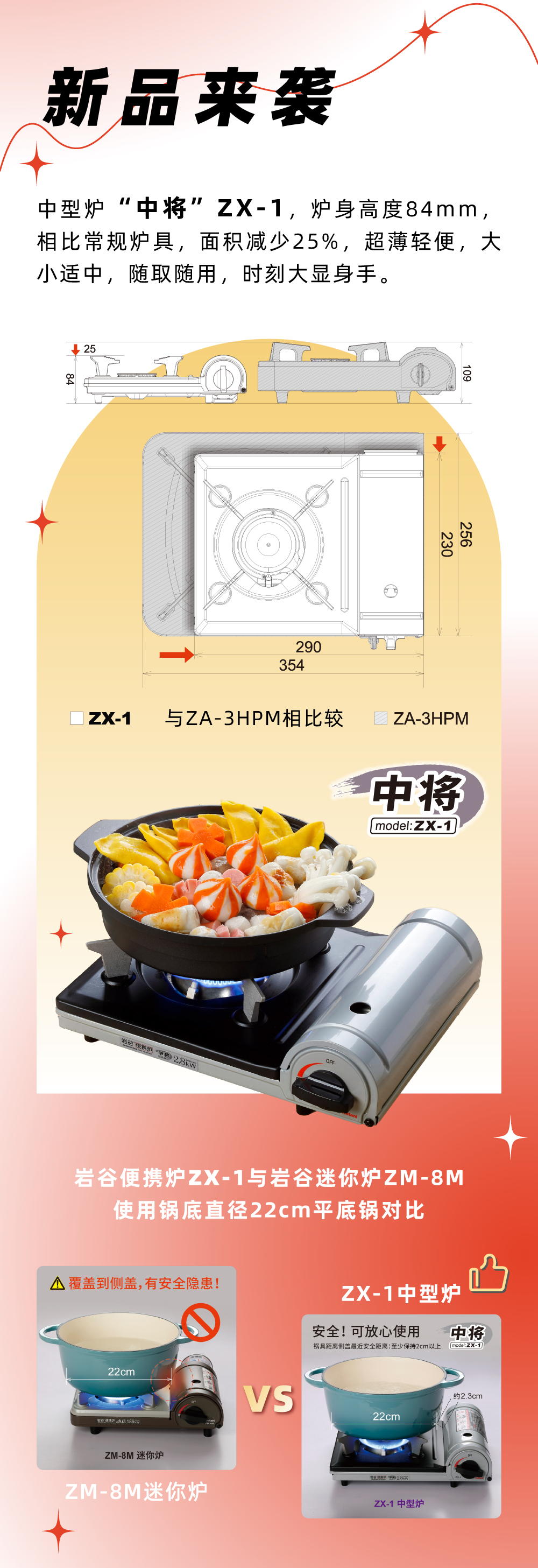 巖谷便攜爐ZX-1，爐身高度84mm，相比常規(guī)爐具，面積減少25%，
超薄輕便，大小適中，隨取隨用，時刻大顯身手。